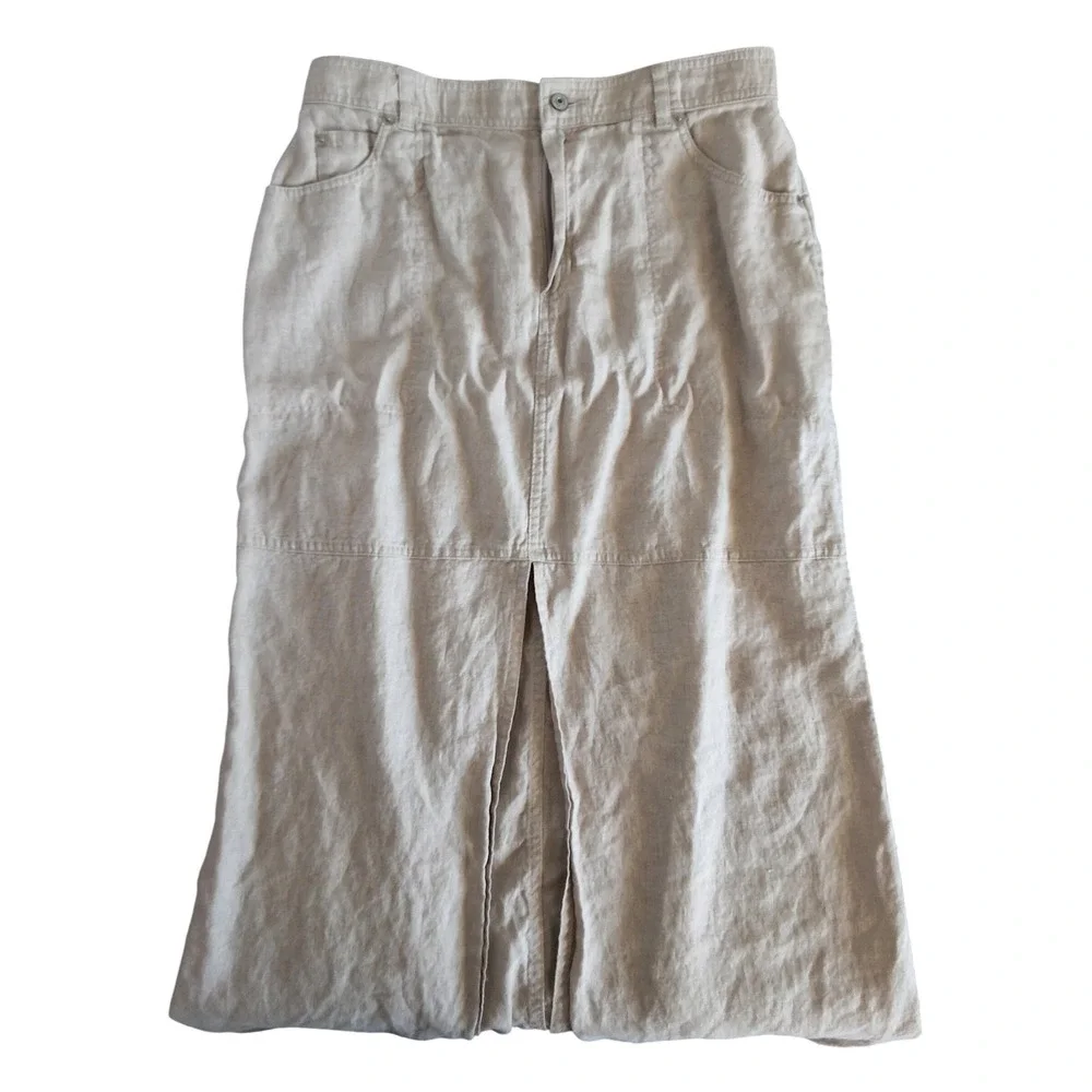 Nicole Miller New York L 100%‎ Linen Maxi Skirt front Slit Eco Coastal Vacation